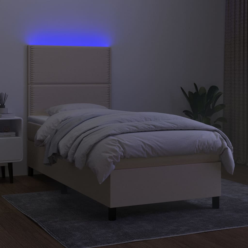 Box Spring Bed with Mattress & LED Cream 90x200 cm Fabric
