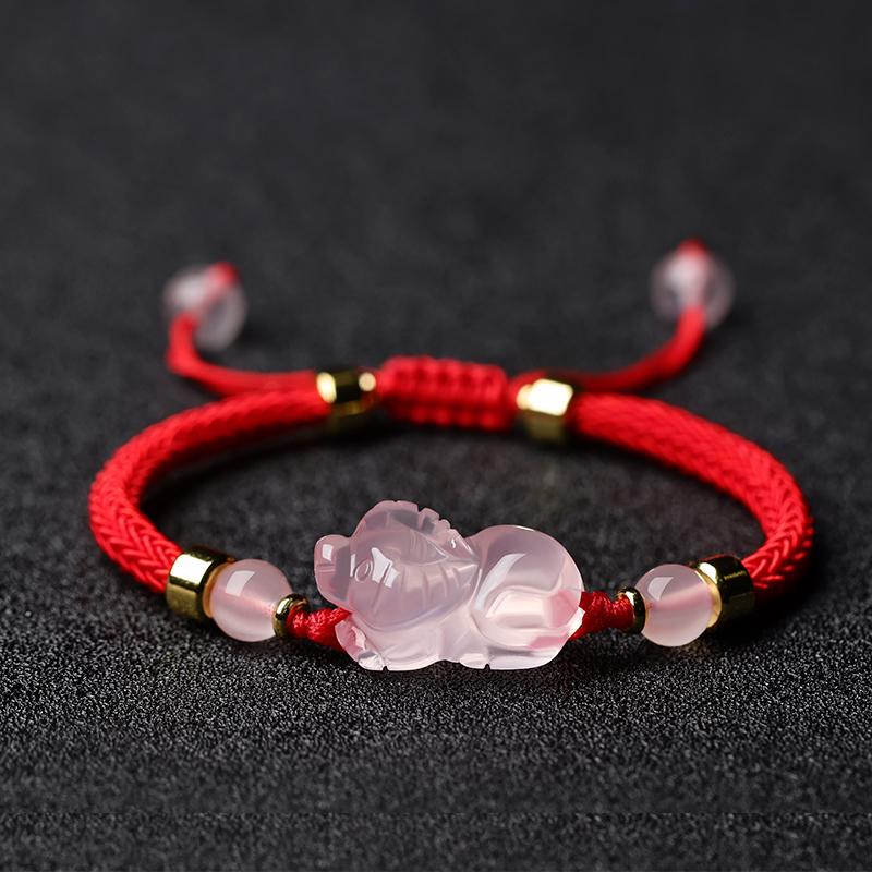 Pink Crystal Zodiac Bracelet: Rose Quartz, Red String Weave, Pig, Ox, Rat, Rabbit Charm - Perfect Gift for Girlfriend or Bestie