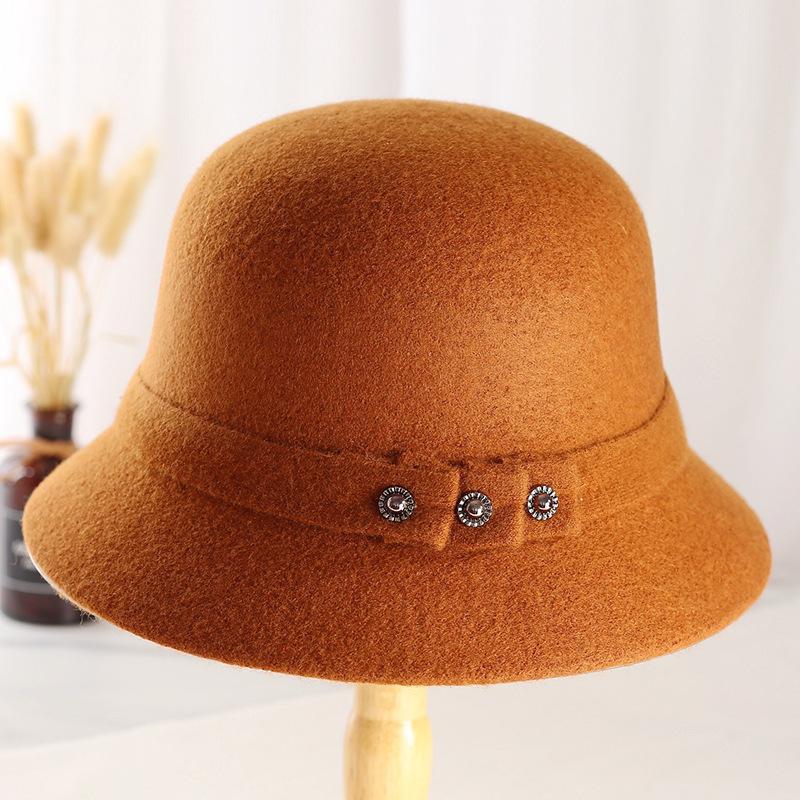 New button noble hat women's British retro dome basin hat autumn and winter short brim old wool top hat