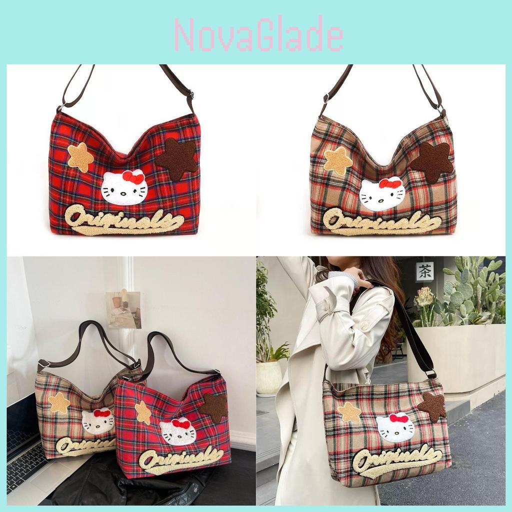 Hello Kitty Vintage Canvas Tote Bag With Spliced Pattern And Ecofriendly Material For Daily Use
