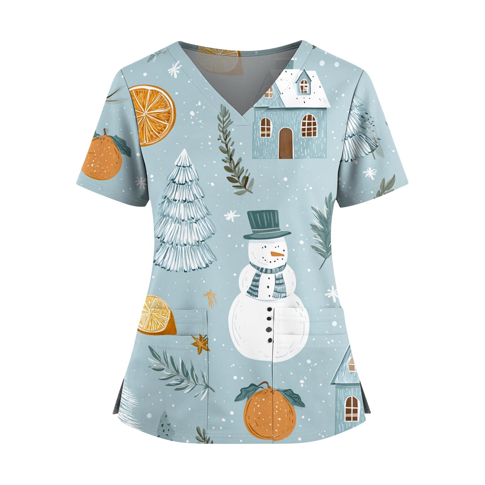 

Женский топ с рождественским принтом, V-образным вырезом, двумя карманами, короткими рукавами, разрезом по подолу, униформа и одежда для ухода L