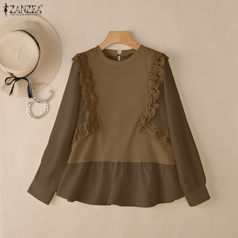 ZANZEA Women Casual Round Neck Long Sleeve Loose Patchwork Blouse