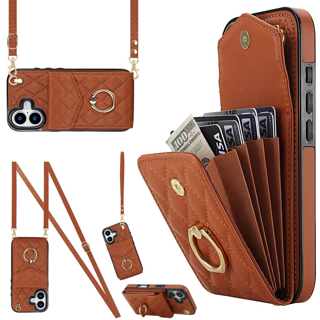 For iPhone 17 Case RFID Blocking Card Bag Leather + TPU Crossbody Phone Cover with Ring Kickstand