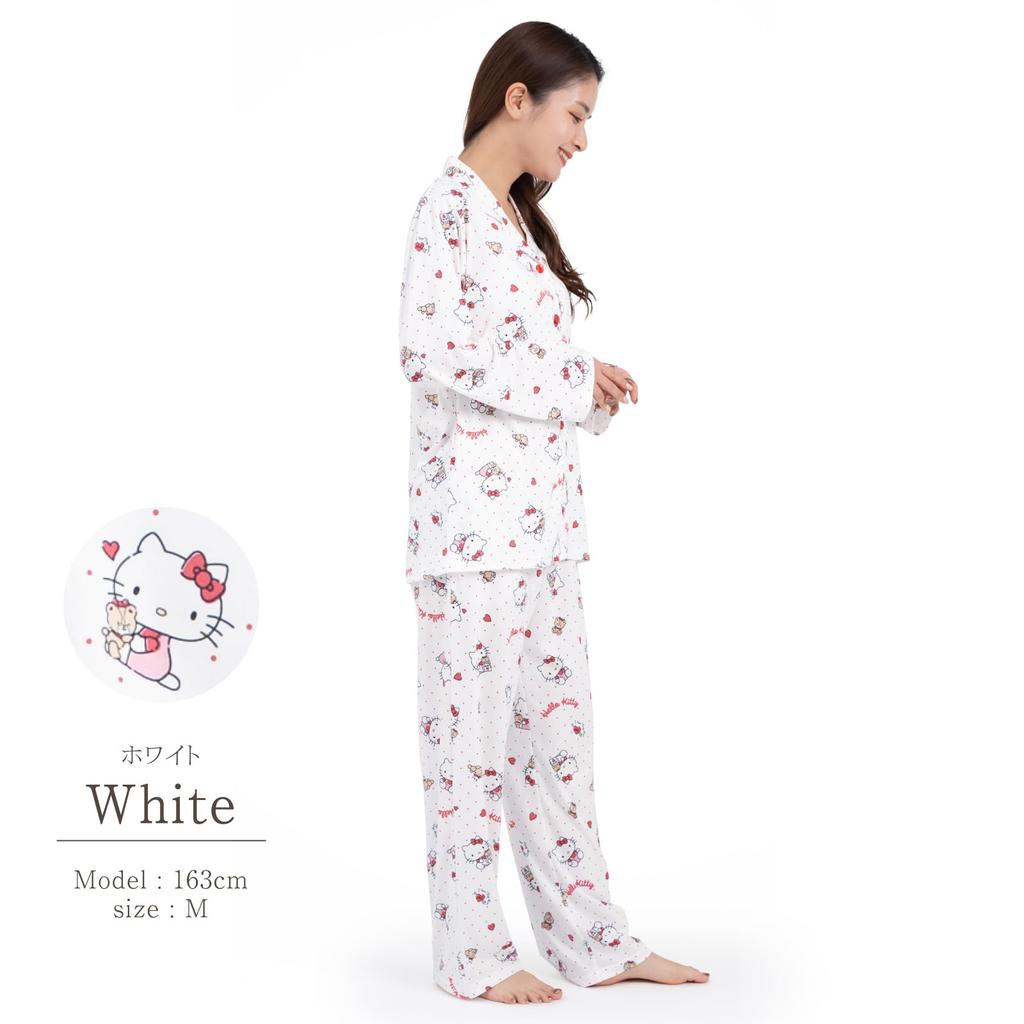 SAZAC Hello Kitty Shirt Powder Long Sleeve and Pants Dot Hello Kitty Design Pajamas, Stretch, Women's, Set, Loungewear, (White/M/SAN1786)