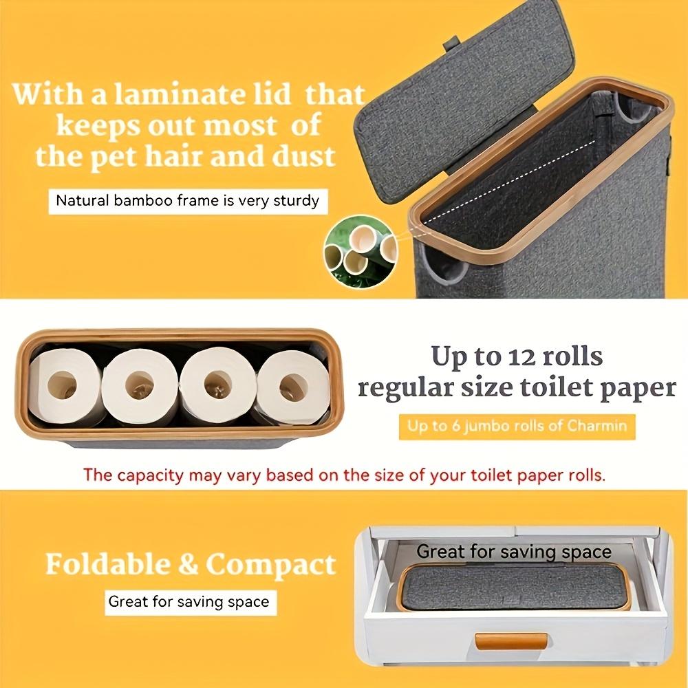 Large Capacity Toilet Paper Holder Foldable Space Saving Wood Frame with Gray Fabric End No Installation Required Toilet Paper Storage Containers