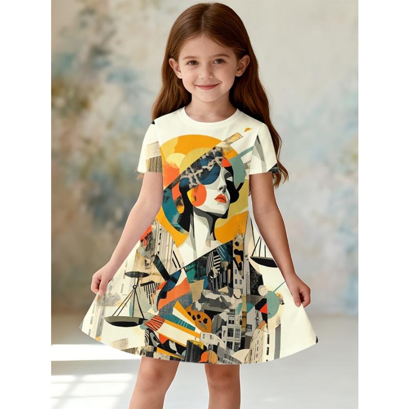 

Girls Short-Sleeve Dress with 3D Oil Painting Skirt - Ballet Dress Suitable for Playful Outdoor Outfits, Machine Washable Durable Clothing, 110