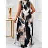 Plus Size Abstract Brushstroke Print Sleeveless Maxi Dress, Summer Casual Round Neck Loose A-Line Sundress With Side Pockets