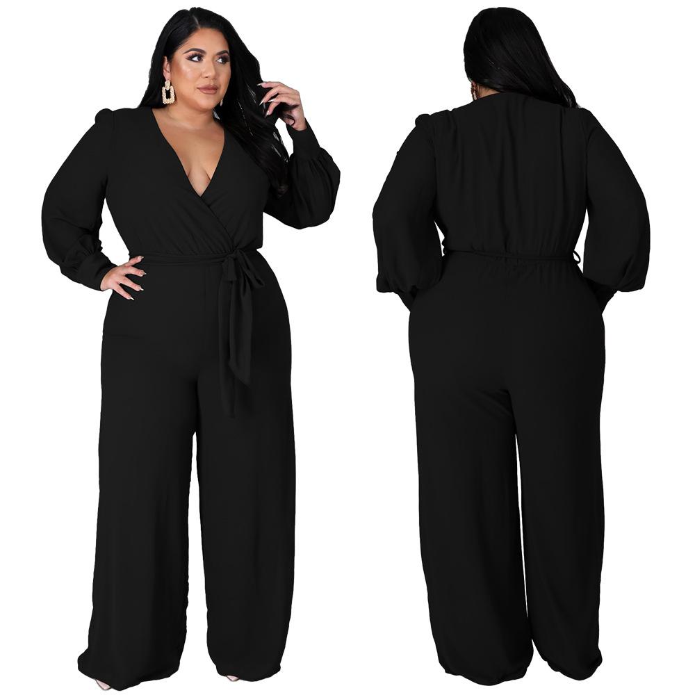 Dámská móda plus size temperament volný střih rovné nohavice jednobarevný overal s páskem