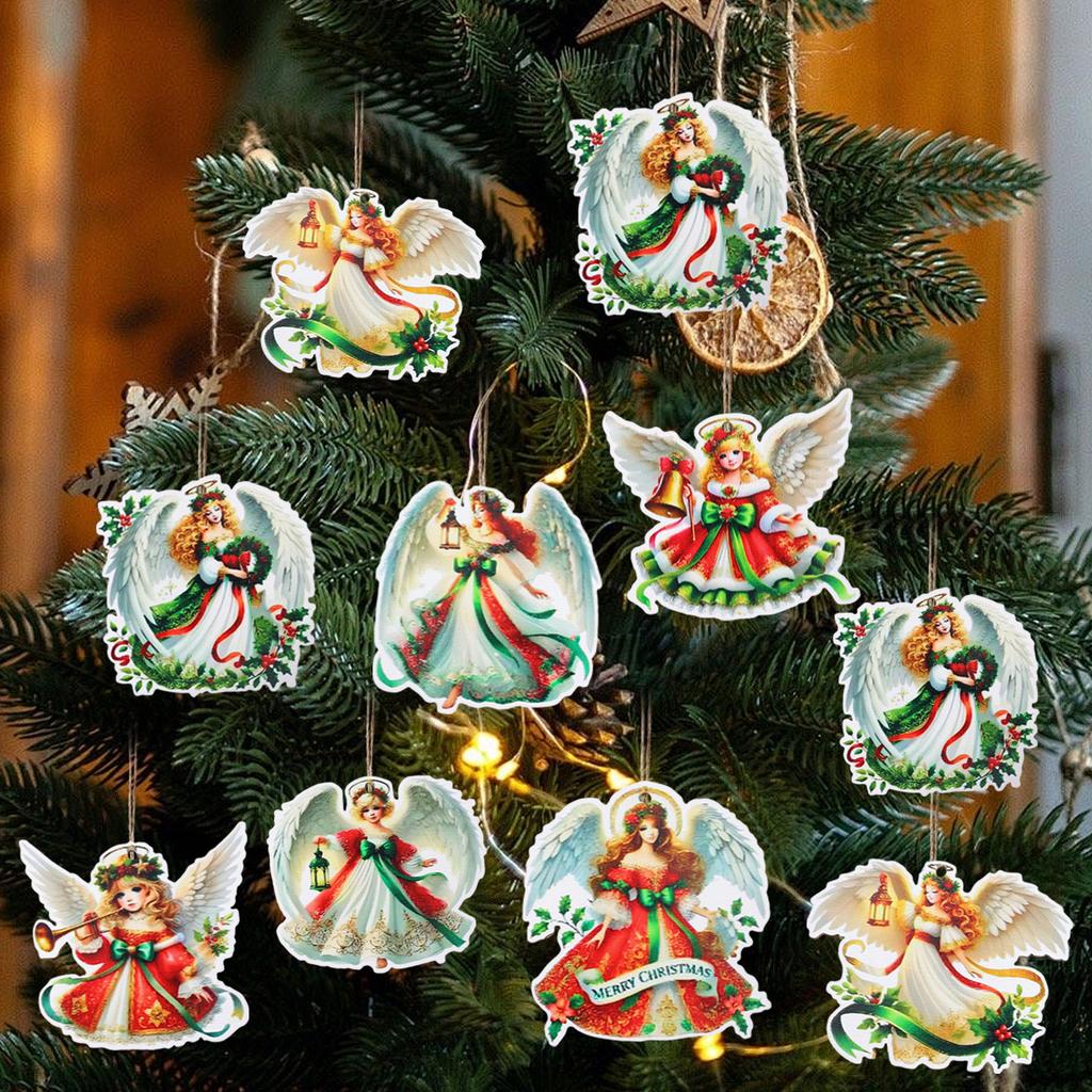 36/12pcs Wooden Christmas Angel Pendants Cartoon Vintage Angels Xmas Tree Hanging Pendant Holiday Party Decor Home Ornaments