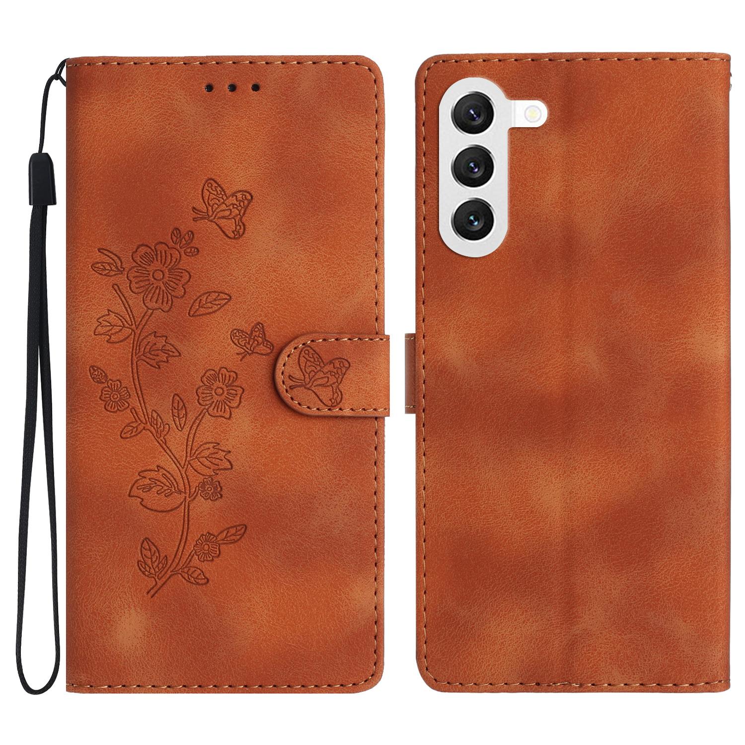 

For Samsung Galaxy S24 Imprinted Flower Wallet Magnetic Phone Case PU Leather Stand Cover Brown