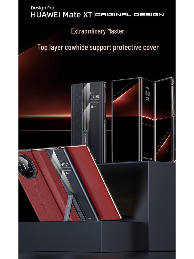 Husă din piele pentru Huawei MateXT: Pliere în trei, din piele naturală de vită Nappa, cu model perforat, cu fereastră inteligentă și suport.