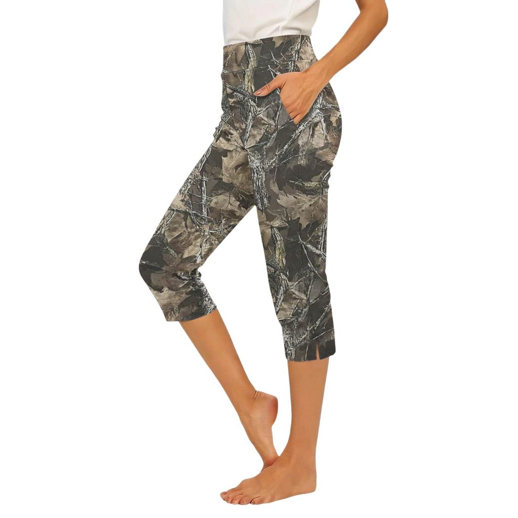 Women Elastic Waist Casual Capri Pants Slim Fit Side Slit Pockets Lightweight Stretchy Bottoms for Everyday Wear