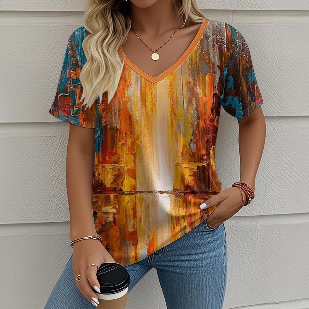 

Женская футболка Масляная живопись Архитектурная графика Ретро мода Классический Повседневный Оверсайз V-образный вырез Летняя женская одежда 3XL