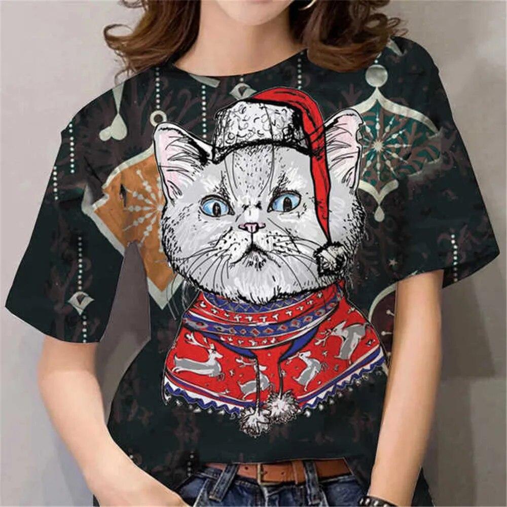 Camiseta para Mujer con Estampado 3D de Gato de Anime de Dibujos Animados, Cuello Redondo, Manga Corta Blanca, Ropa para Mujer, Tops de Verano Casual, Sudadera