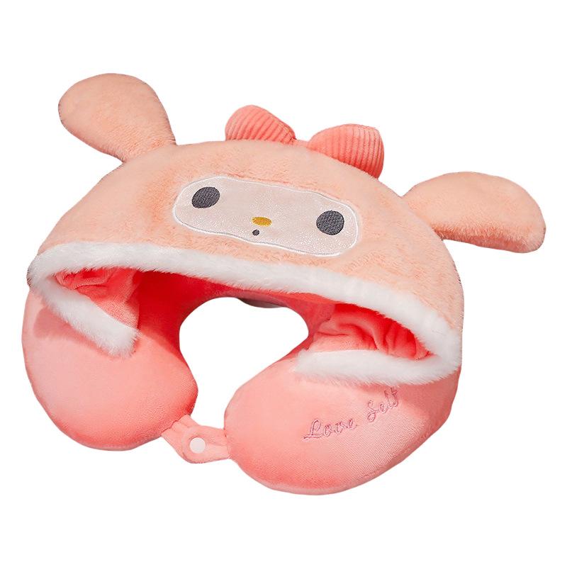 Hooded Cartoon U-Shaped Travel Neck Pillow with Hat - Gift for Girls