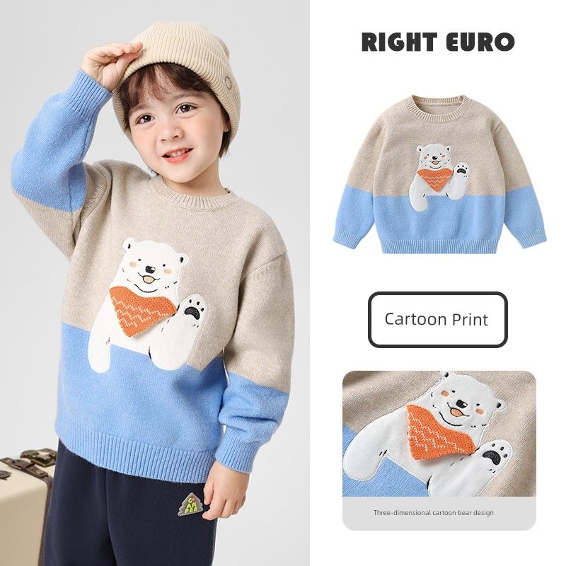 Boys  Outdoor Sweater Cartoon Jacquard Sweater Round Neck Pullover Knitwear Baby Children s Clothing Autumn Top Blue 90cm