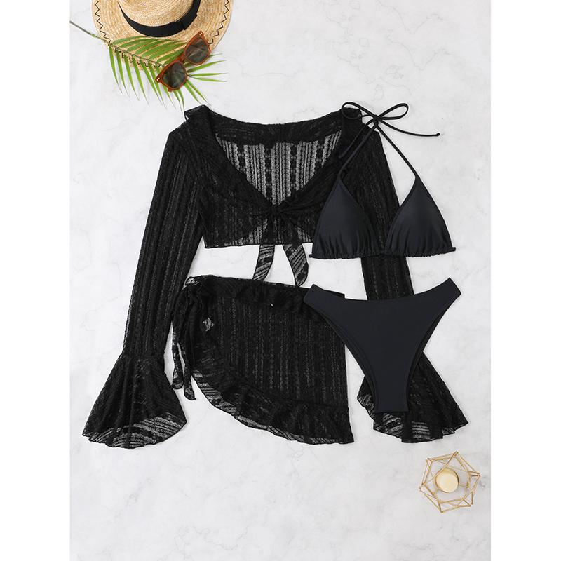 Swimwear Women Long Sleeve Ruffles Cover Up Skirt 4 Piece Bikini Set Push Up Beach Bathing Suit High Waist Swimsuit