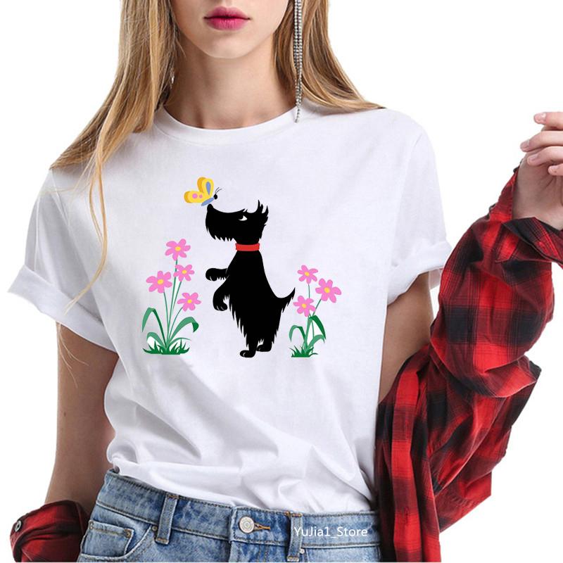 Cute Cartoon T-shirts for Women Harajuku Kawaii Scottish Terrier Animal Print Tee Shirt Femme Summer Cute Tops Dog Lover T Shirt