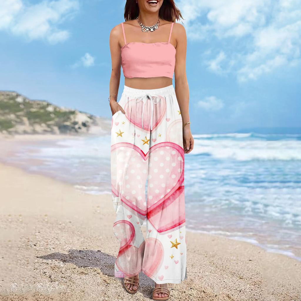 Pantaloni largi cu talie înaltă pentru femei, stil boho de vară, stil palazzo, cu imprimeu, casual, cu buzunare