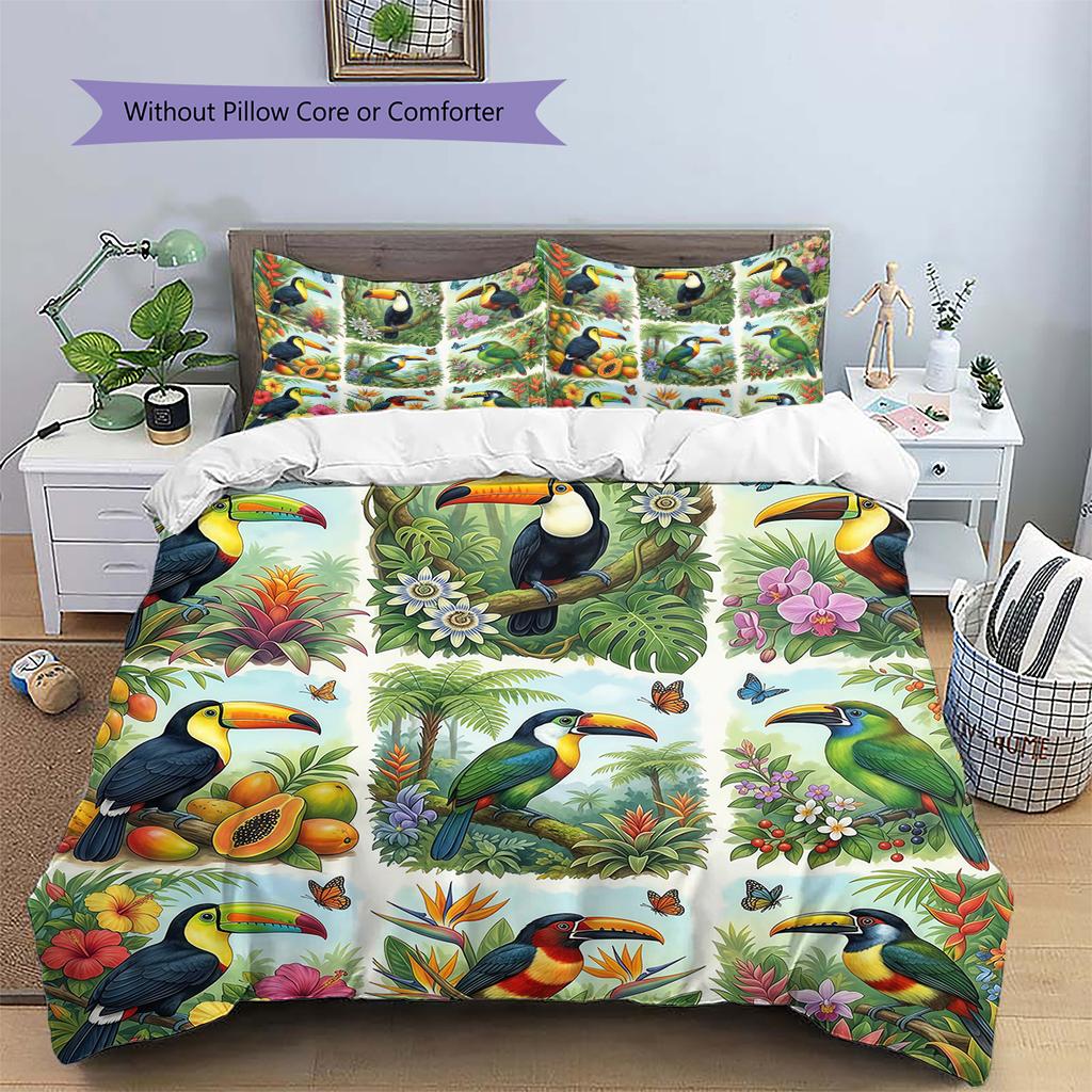 Retro Flower Parrot Pattern Bedding,Quilt Set Quilt Cover Pillowcase Home Birthday Gift (1 * duvet cover + 2 * pillowcase, without core)