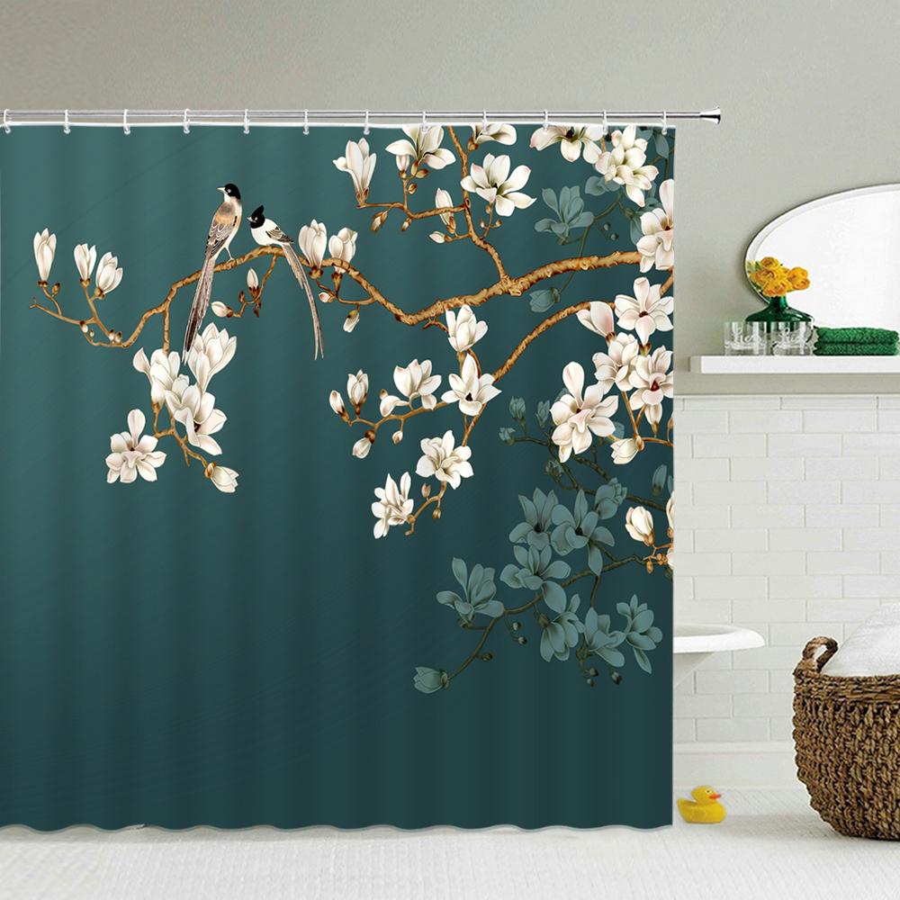 Chinese Style Flower And Birds Tree Shower Curtains Bath Curtain Waterproof Bathroom Decor With Hooks 3D Printing Bath Curtain