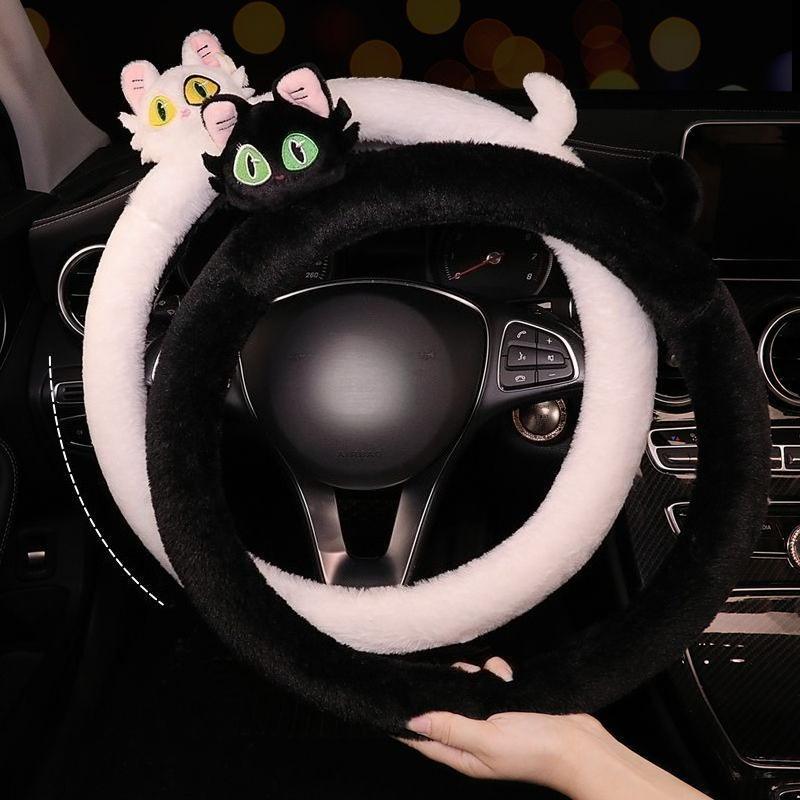 Cute Black Cat White Cat Plush Car Steering Wheel Cover Anti-Slip Sweat Absorbing Universal Car Steering Wheel Handle