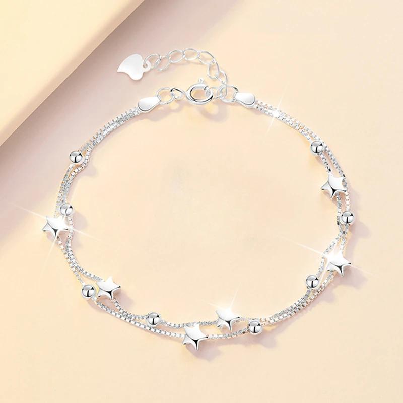 925 Silver Lucky Star Bracelet Women Retro Korean Design Double Layered Zircon Star Party Jewelry Beaded
