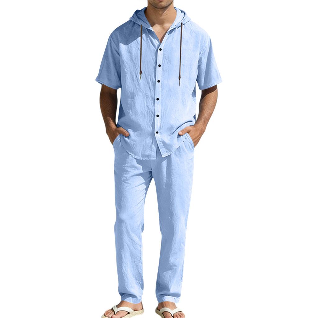 Men's Summer Casual Linen Set: Short-Sleeve Hooded Shirt And Loose-Fit Pants