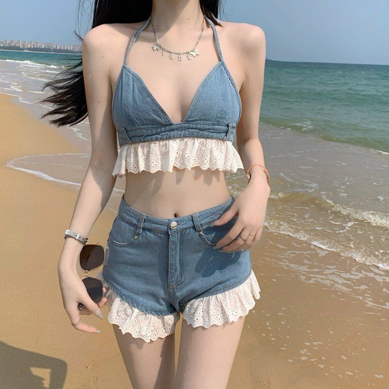 Летний джинсовый комплект на подтяжках — фото 4