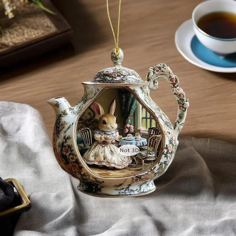 2D Flat Delightful Easter Rabbit in Teacup Acrylic Desktop Decoration, Home Decor Plaque Hanging Wall Art Decorative Garden Decoration for Room Door S