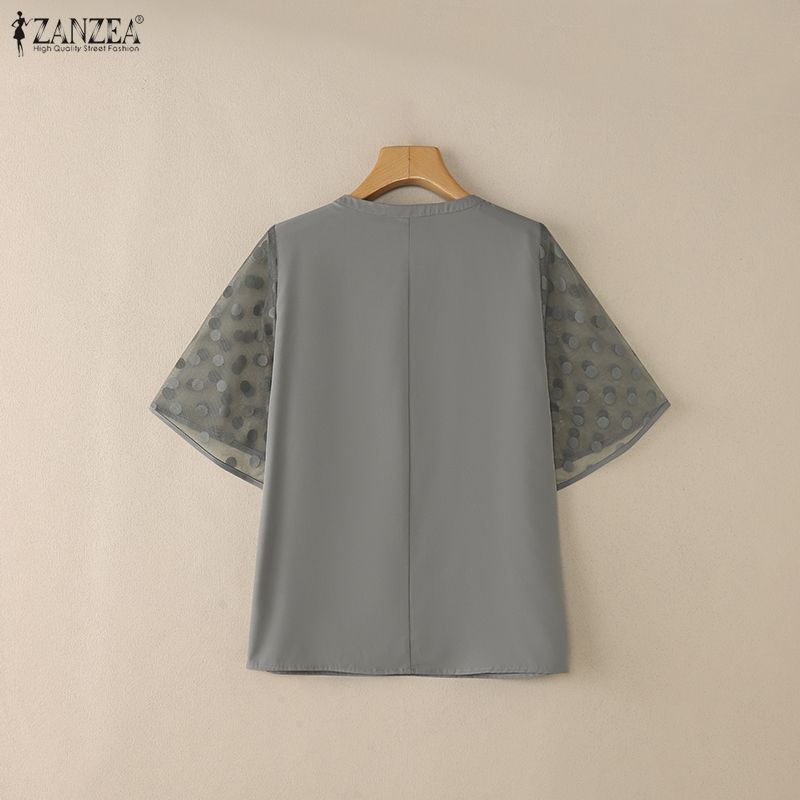 ZANZEA Women Casual V-Neck Mesh Splice Half Sleeve Blouse