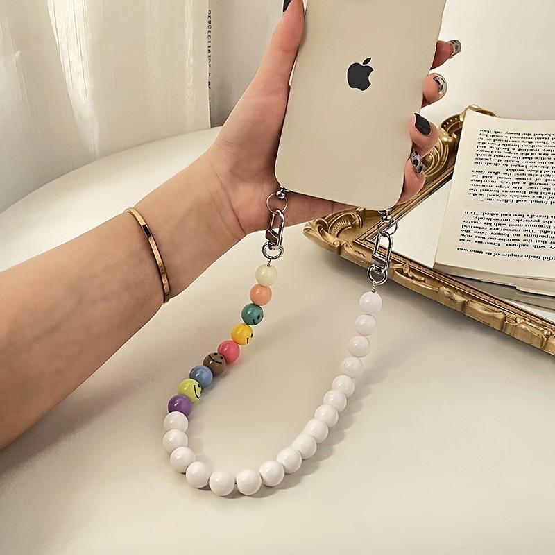 INS wind acrylic beads colored smiley face anti-lost lanyard diagonal span hand carry fashion chain mobile phone chain