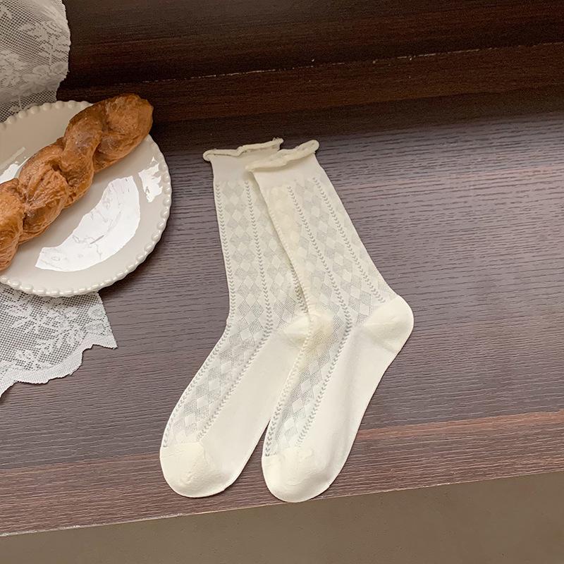 

Women s Pure Cotton Lace Mid-Calf Socks, Summer/Autumn, Thin & Boneless, Slouchy JK Style One Size