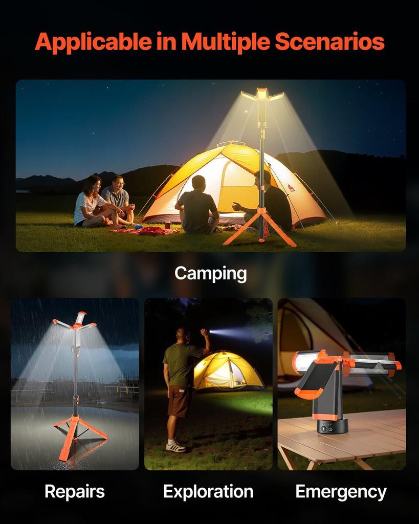 LED Work Light with Stand, 8Ah, Rechargeable Cordless Camping Light, with 3 Lamp Heads, Detachable Tripod Stand, 2200 Lumens 3000K-6500K Dimmable,