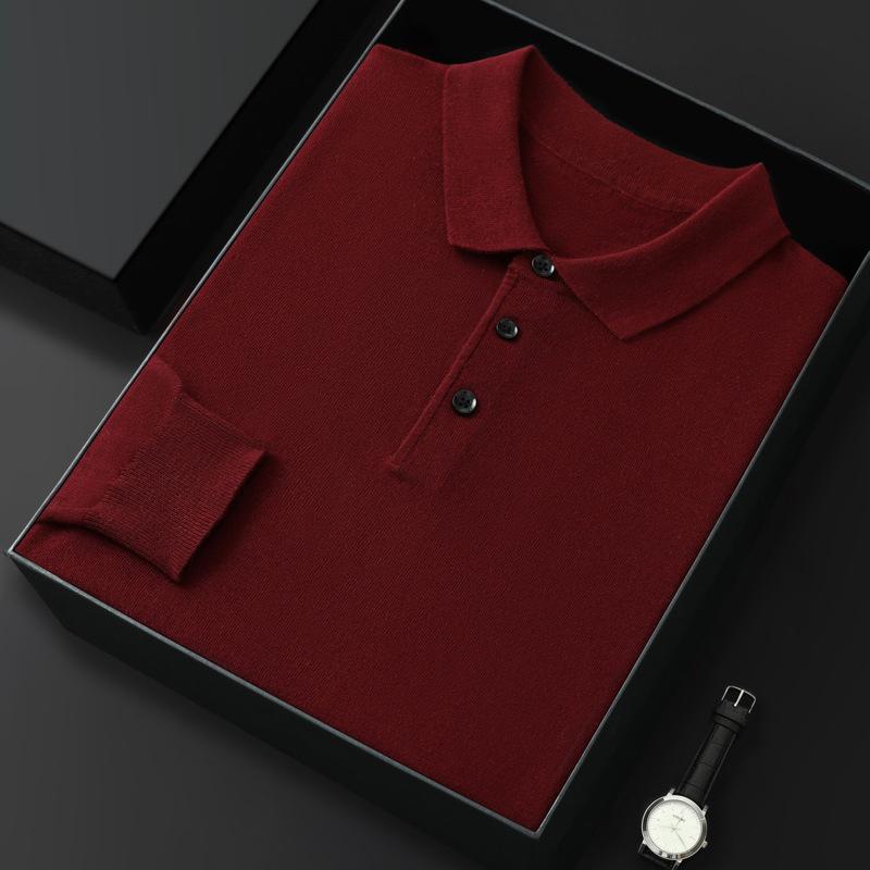 Men's Spring and Autumn Casual Polo Collar Long-sleeved Knit Shirt Solid Color Loose Business Pullover Tops