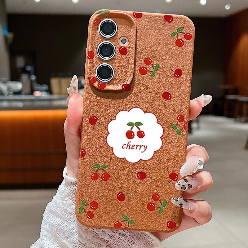 Cute Cherry Print Matte TPU Leather Texture Phone Case For Samsung S25 Ultra S24 FE S23 S22 S21 A56 A36 A16 A55 A35 A26 A15 Shockproof Soft Slim Cover