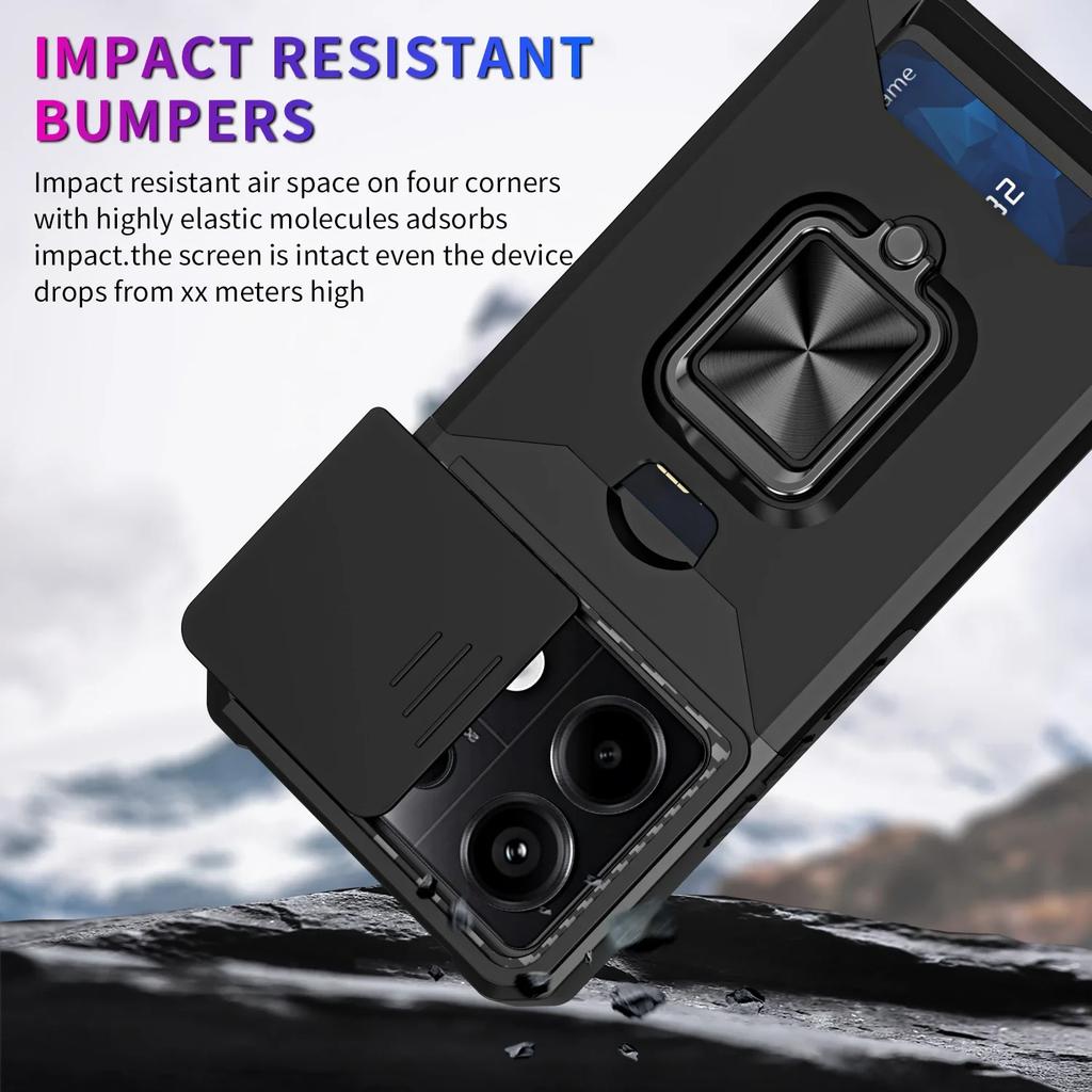 Case for Xiaomi Redmi Note 14 13 12 Pro Plus 13C 14C 4G 5G Slide Camera Card Holder Slot Wallet Protective With Ring Stand Cover