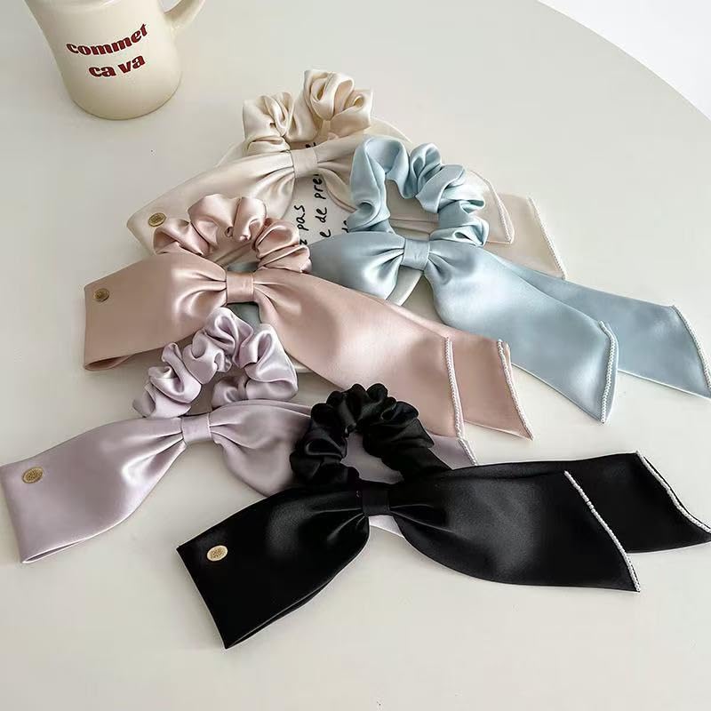 Black and White Scrunchie Hair Tie with Ribbon and Elegant Hair Accessory for White and Black Rhinestones, Adults,