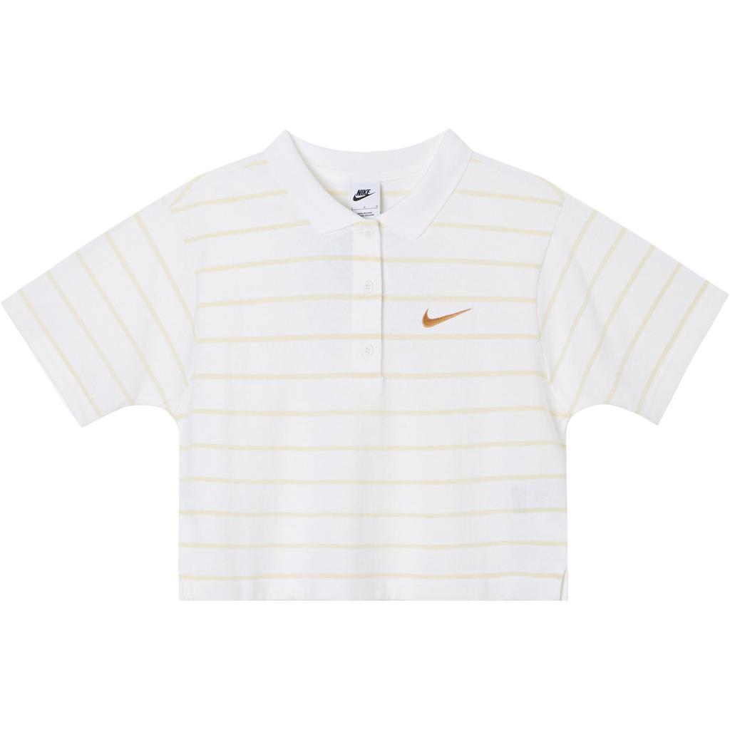 Nike Sportswear Logo Embroidered Striped Pattern Polo Neck Short Sleeve Drop Shoulder T-Shirt Women T-Shirts White HM4649-100