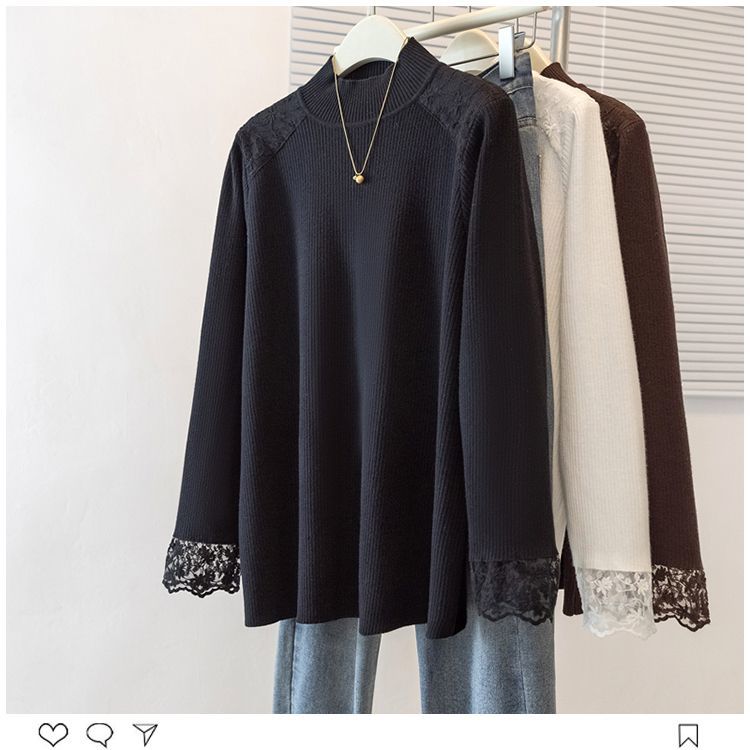 Women's Plus Size Base Shirt Lace Half Turtleneck Base Shirt Autumn Winter Solid Color Stretch Velvet Long Sleeve T-Shirt