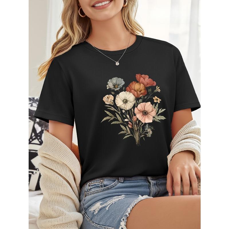 

European Size Floral Series Pure Round Neck Short Sleeve 4XL чорний