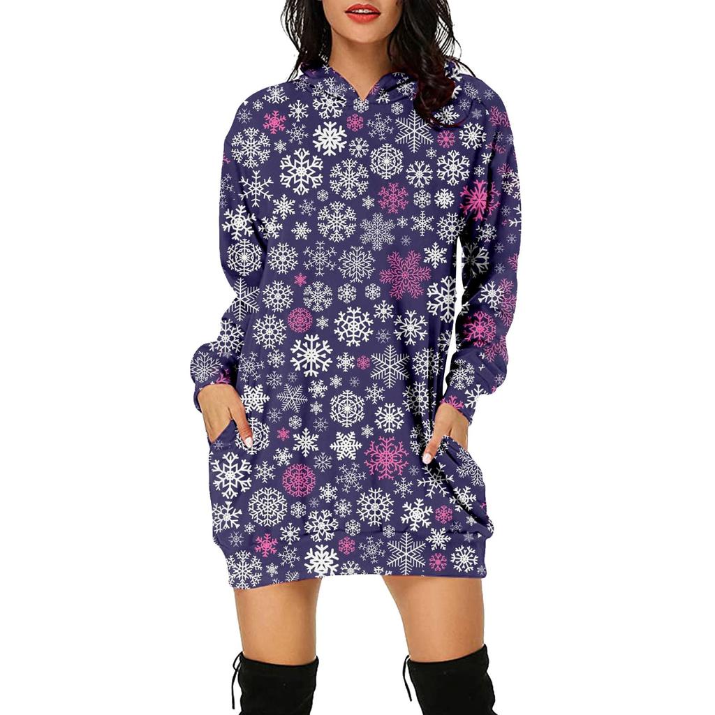 Women's Fashion Christmas Printed Pockets Long Sleeve Hoodies Pullover Dress