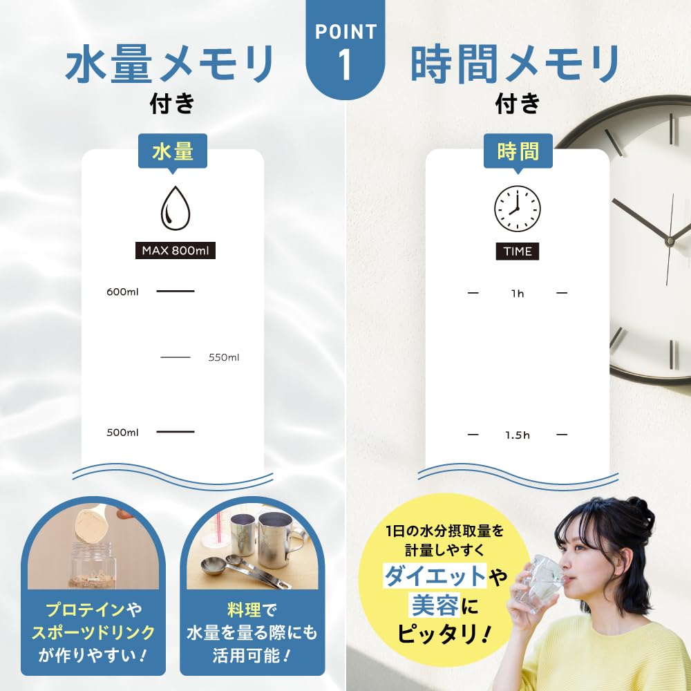 Smilemode Water Bottle, 800ml, Made with Medical-Grade Tritan and Double Metering, with Time Marker and Water Level Meter, BPA-Free, Tea Strainer,