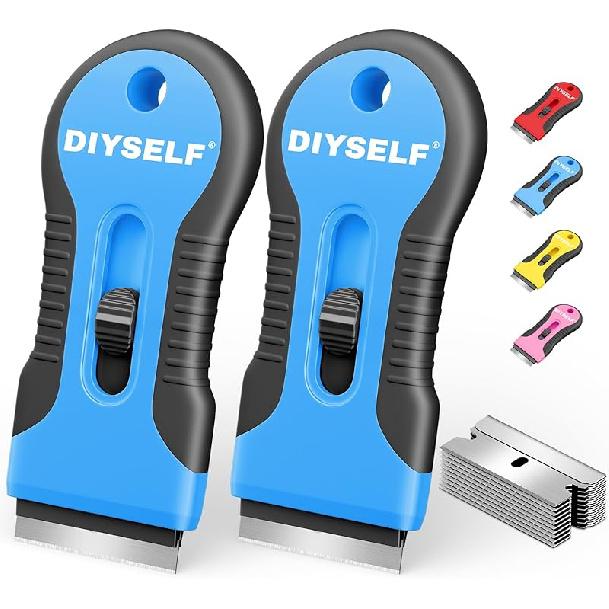 DIYSELF 2 Pack Razor Blade Scraper with 10 PCS Replacement Mental Blades, Heavy-Duty Razor Scraper, Professional-Grade Razor Blade Scraper Tool,