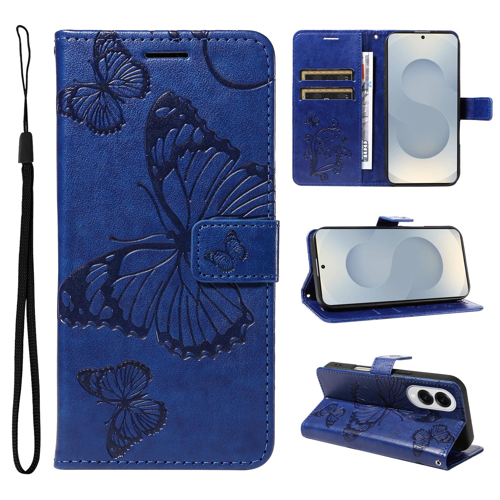 

For Samsung Galaxy S25 Edge Wallet Case Floral Butterfly Imprinted Leather Phone Cover Stand Blue