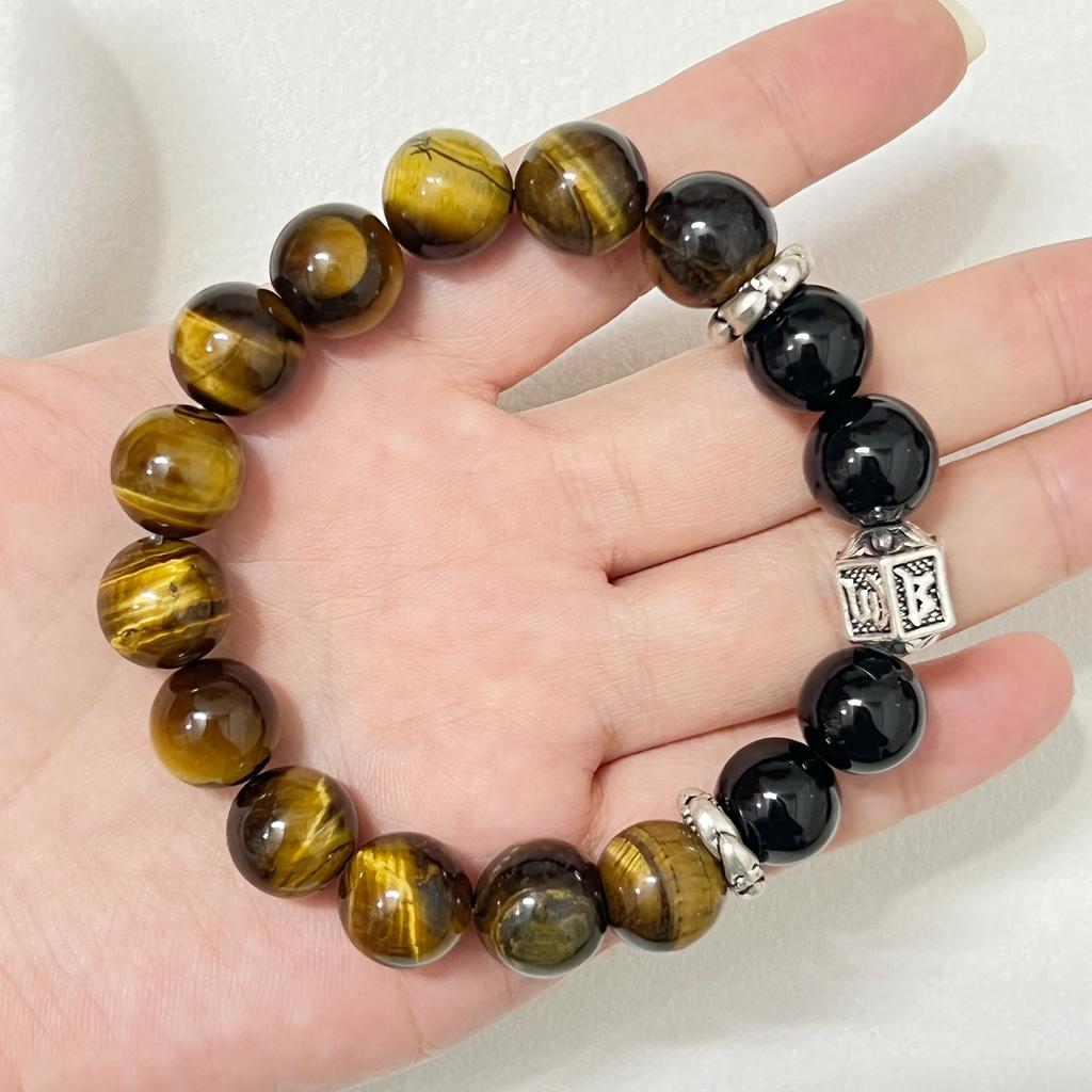 Men’s Beaded Bracelet Tiger Eye Natural Stone 12mm Round Beads Stretch Obsidian Bangle DIY Jewelry Gifts