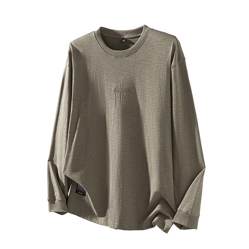 Autumn New Embroidered Cotton Long Sleeve T-Shirt Men's Loose Versatile Crew Neck Clothes