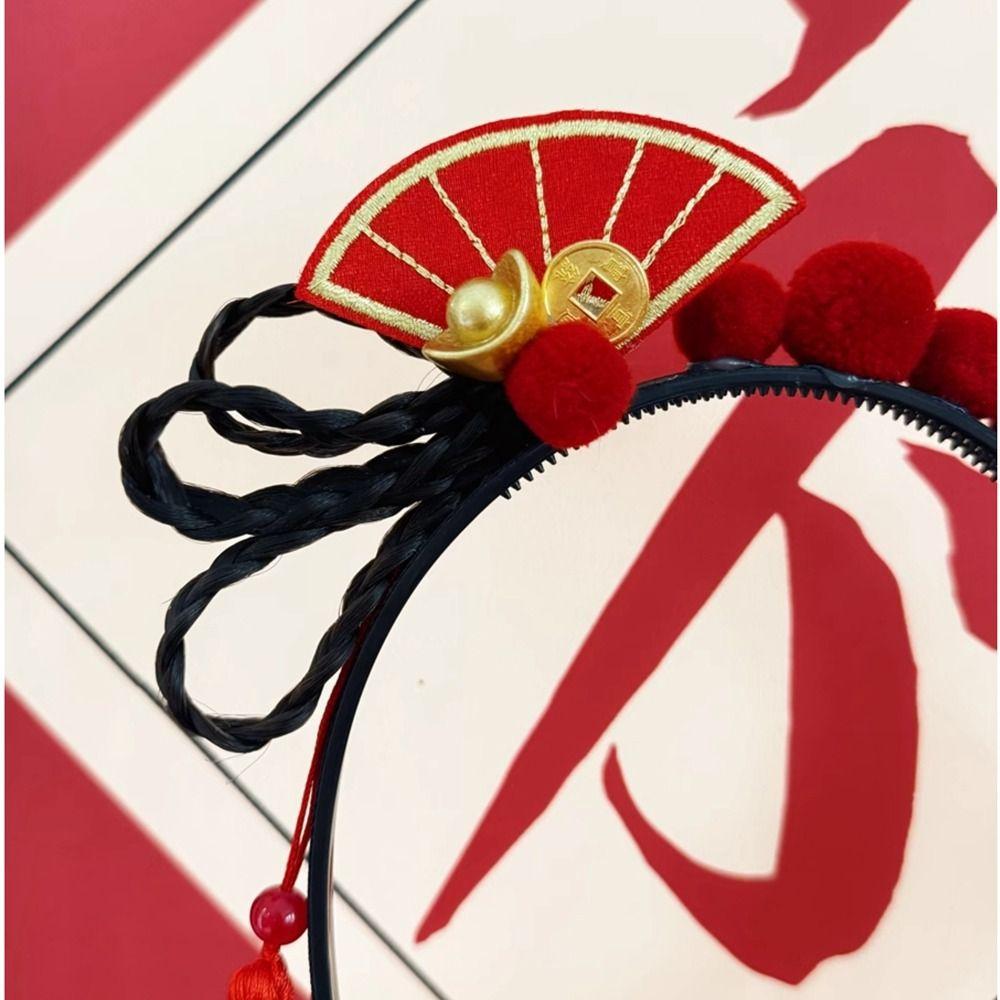 Braid Hair Children Wig Headband Flower Red Bow Hairband Simple Hanfu Hair Sticks  Baby