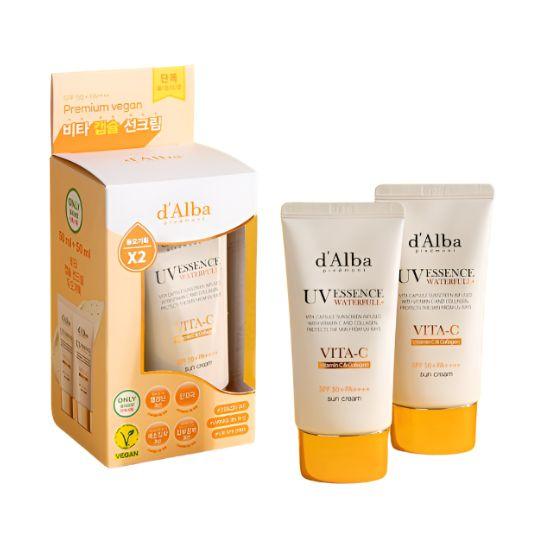 d Alba UV Essence Waterfull Vita-C Capsule Anti-Aging Sunscreen SPF50+ PA++++ Brightening Sun Cream Duo Set 50ml + 50ml
