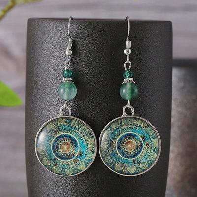 Vintage Tribal Dangle Earrings with Mandala Flower Design Boho Jewelry- Symbol of Peace & Luck for Daily Outfits & Party Accessories for Women